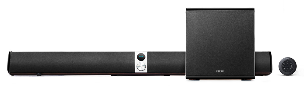 Soundbar, subwoofer and a remote are togehter.